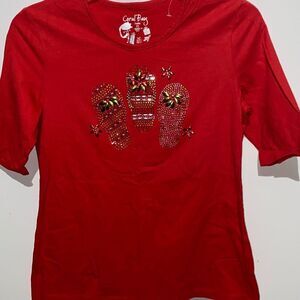 Coral Bay Women's Red Embellished Flip Flops Crew Neck Short Sleeve T-Shirt PS
